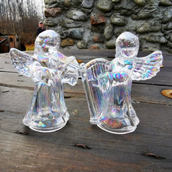 Pair of Iridescent Glass Angels Cherubs Playing Instruments Candle Holders - Picture 9 of 16